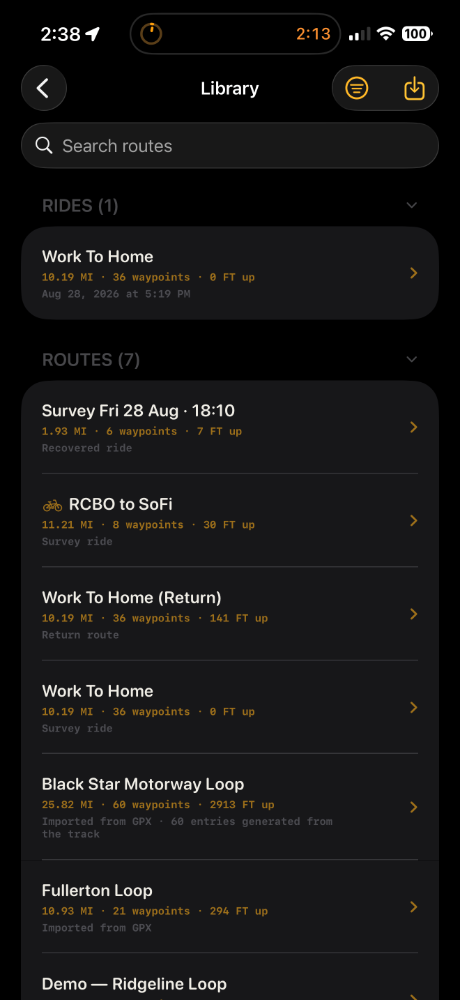 Library screen with search and collapsible Rides and Routes sections listing distance, waypoint count and ascent.