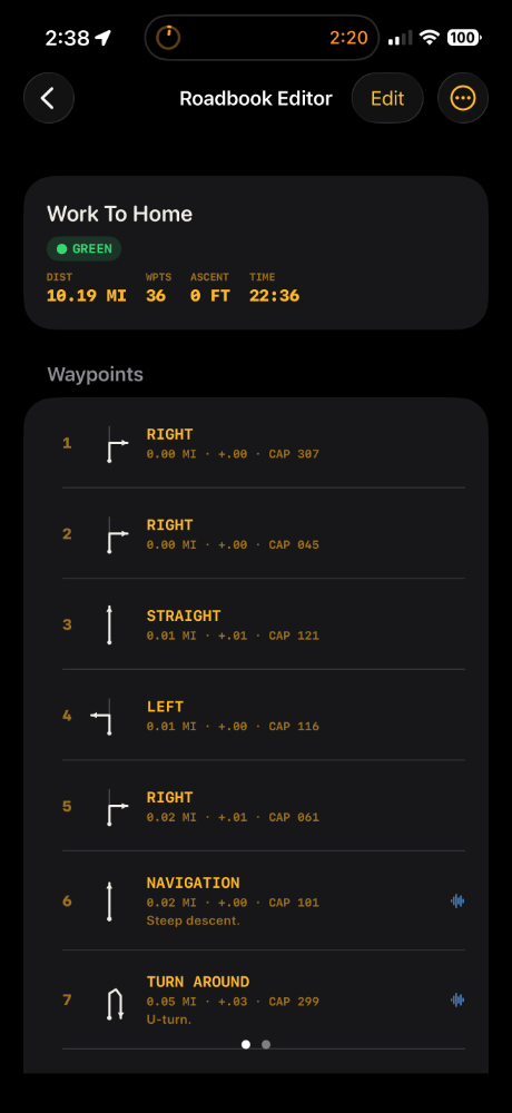 Roadbook Editor listing waypoints with tulip diagrams, cumulative distance, interval and CAP heading.